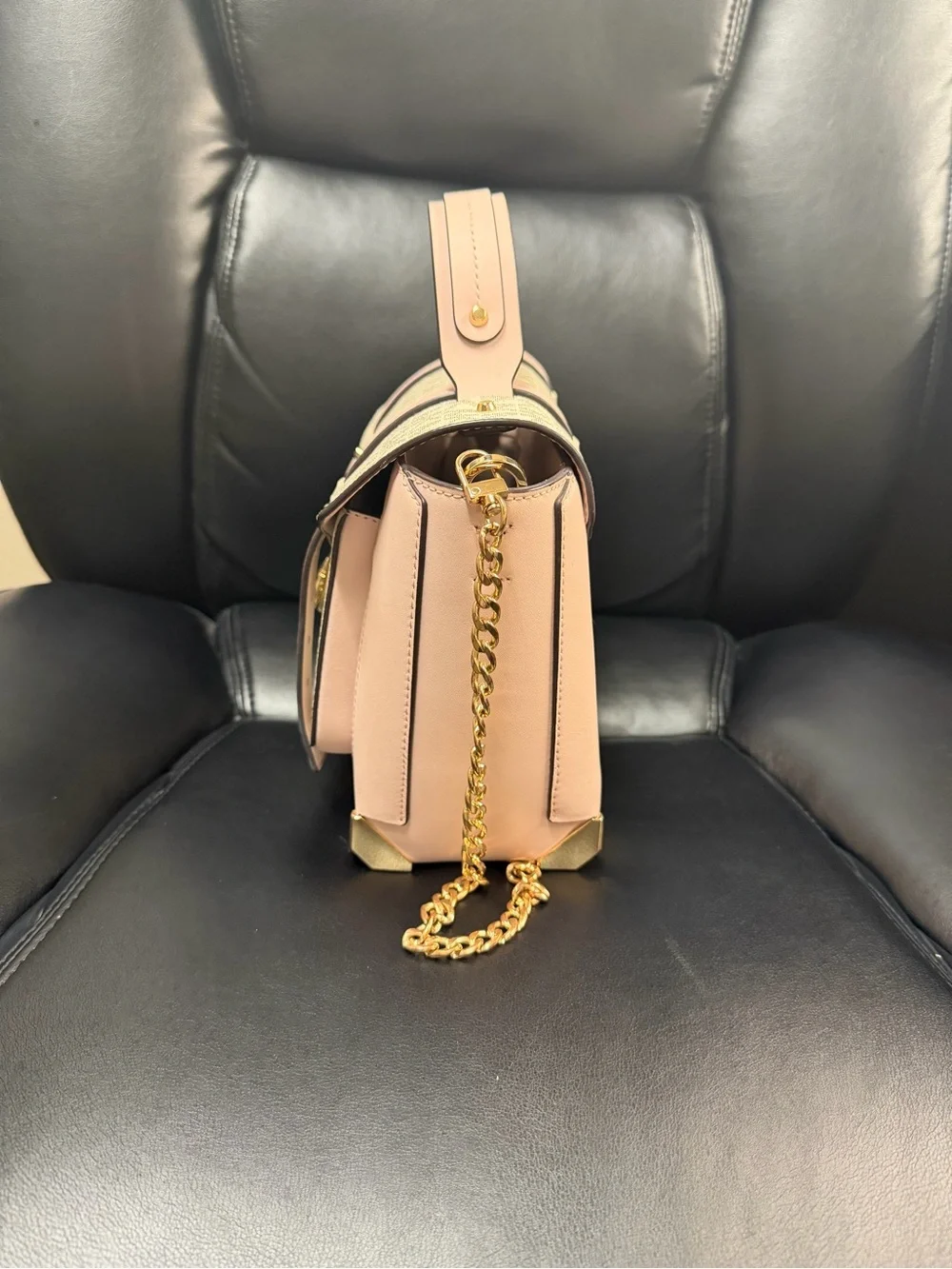Michael Kors Pink and Logo Canvas Satchel with Gold Chain Strap